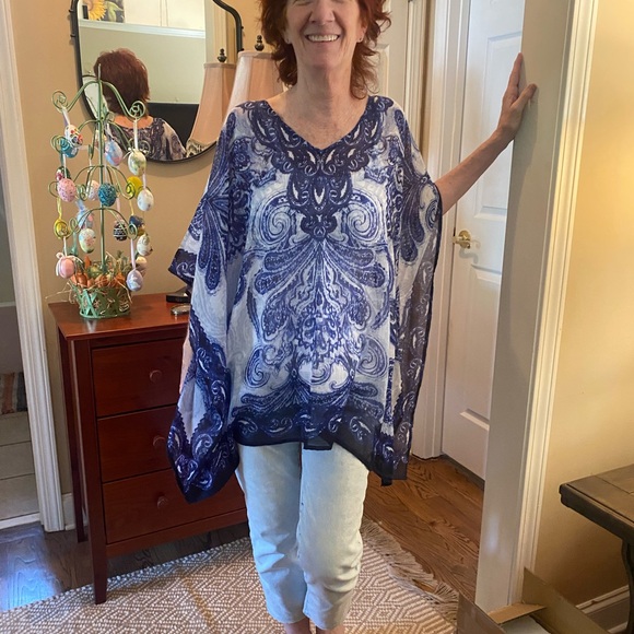 Chico's Blue and White Poncho Pullover Top Tunic with Paisley Design - Picture 2 of 4